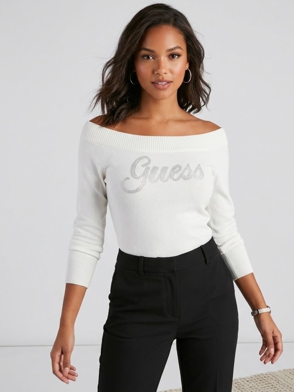 GUESS White Off-the-Shoulder Sweater with Rhinestone Logo